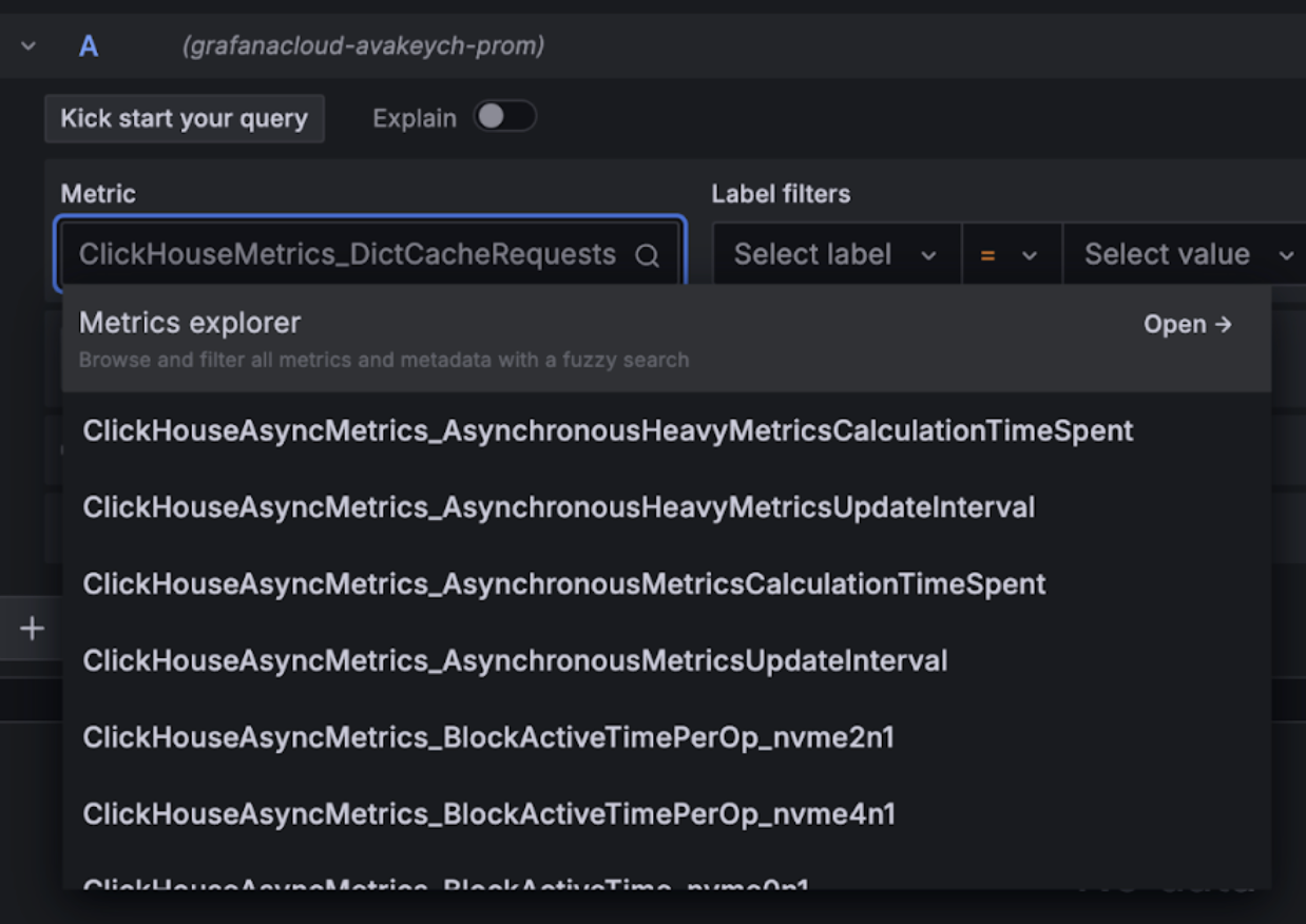 Grafana Metrics Explorer Drop-down